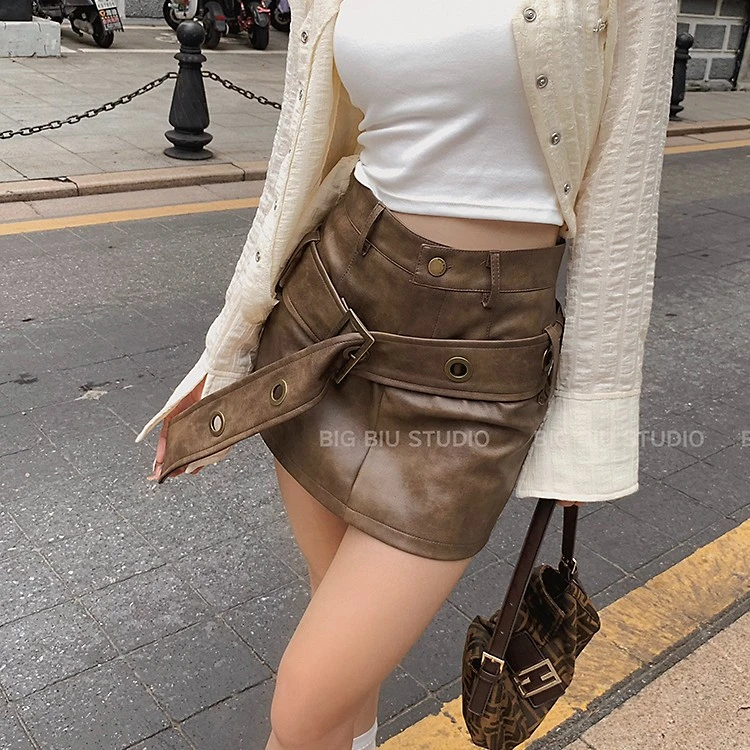 BIG BIU 秋季美式复古时髦辣妹工装半身裙小众设计感A字包臀裙ins