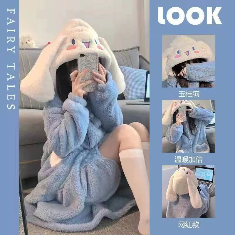 玉桂狗温暖网红睡衣秋冬季女学生保暖加厚连帽睡袍卡通甜美外穿