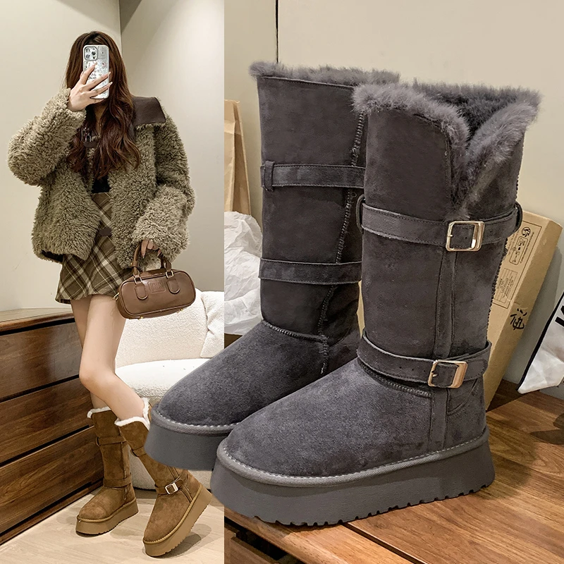 灰色雪地靴女款2024冬季新款厚底增高加绒加厚长筒棉靴雪地棉鞋女