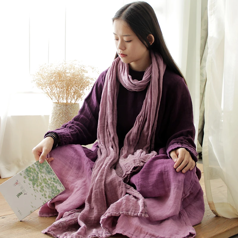 亚麻渐变连衣裙文艺复古连衣裙禅服宽松大码女装春秋百搭
