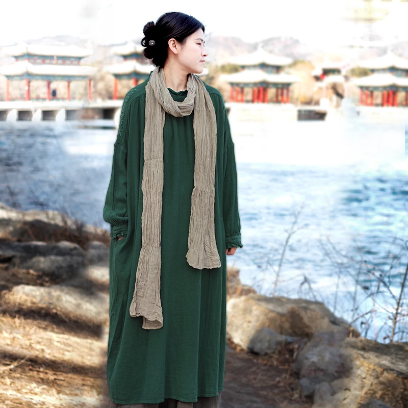 花枝秾原创女装文艺复古花朵立领手绣宽松好版型格纹亚麻长连衣裙