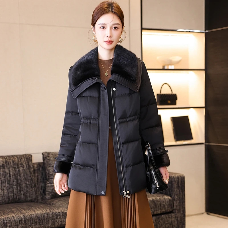 水貂毛领鹅绒服女中长款2024冬季新品专柜大牌羽绒服醋酸高端面料