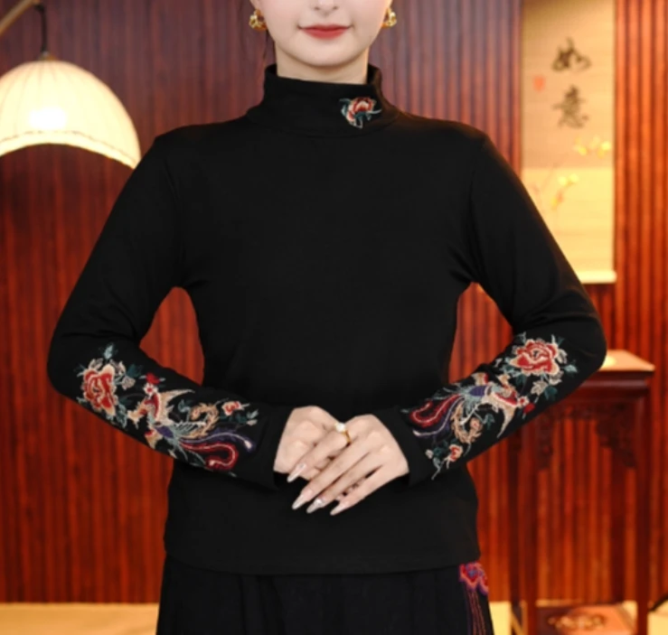 [玄凤]柒夫人高定薄款凤穿牡丹花刺绣打底衫