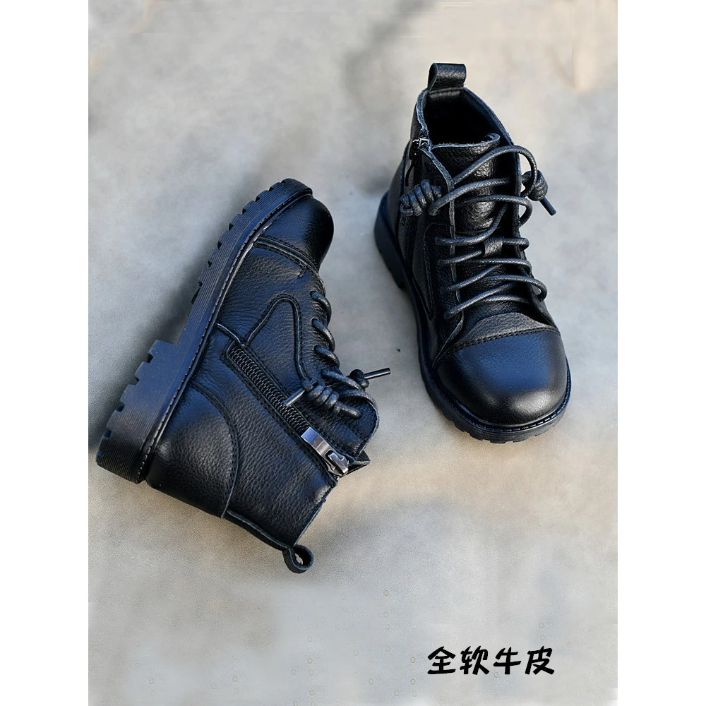 儿童马丁靴真皮男女童新款宝宝软底加绒软牛皮黑色皮靴冬季保暖靴