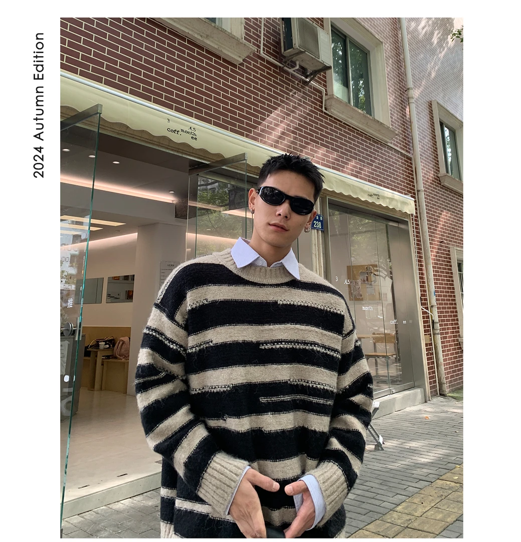 ZICHENG 冬季 含毛混纺 经典条纹设计 男士圆领百搭通勤廓形毛衣