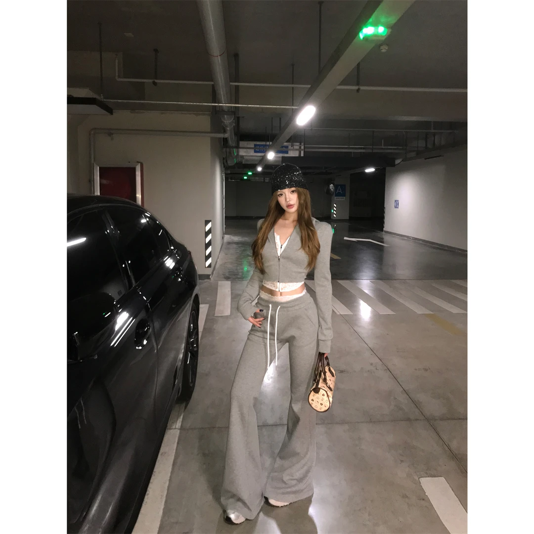 韩系休闲连帽修身拉链卫衣外套抽绳拼接蕾丝设计显瘦长裤套装女秋