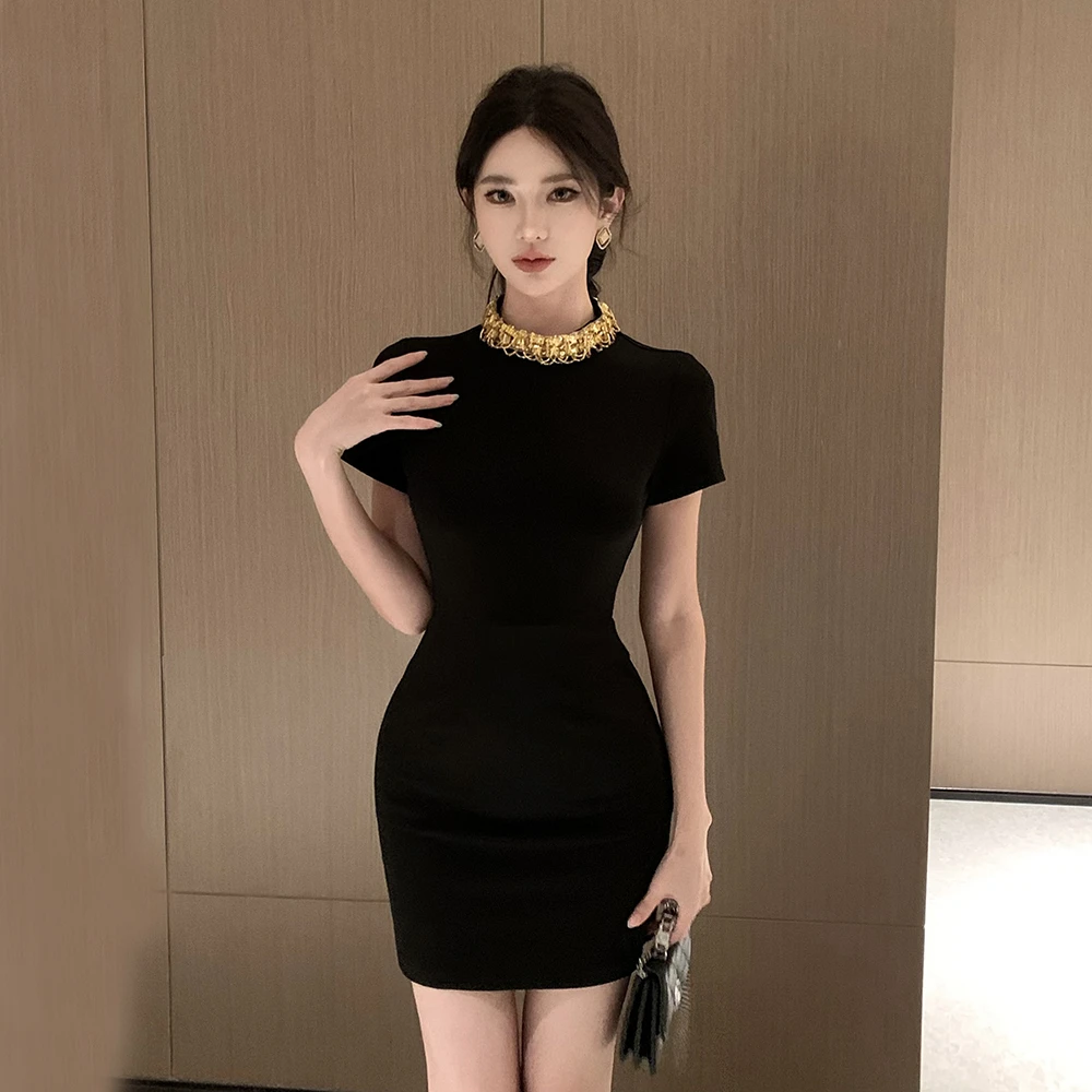 小黑裙闪闪亮链修身包臀短袖连衣裙复古2025年时尚百搭女装高级感