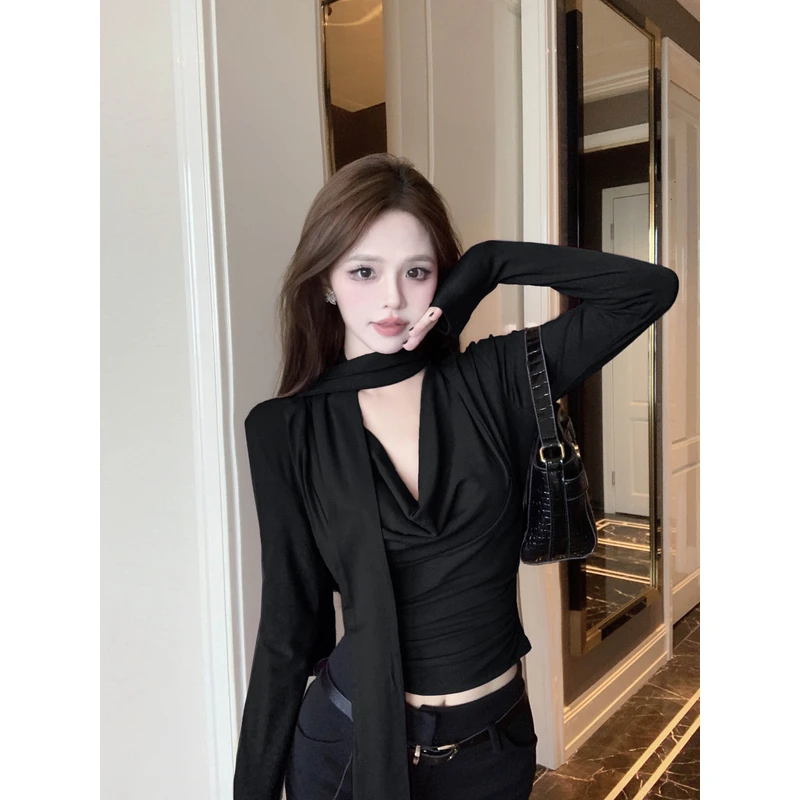 法式气质别致辣妹风荡领飘带长袖T恤女性感短款打底修身简约上衣