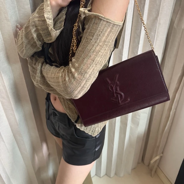 95新 YSL/圣罗兰 YSL葡萄紫油蜡皮手拿包斜挎包