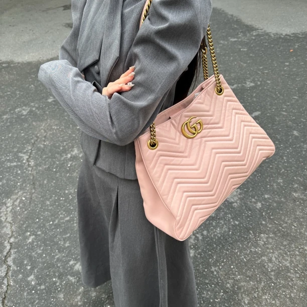 95新 GUCCI/古驰 GUCCI马蒙皮质粉金托特包