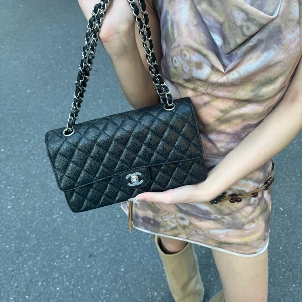 95新 Chanel/香奈儿 香奈儿cf黑银荔枝牛单肩包斜挎包