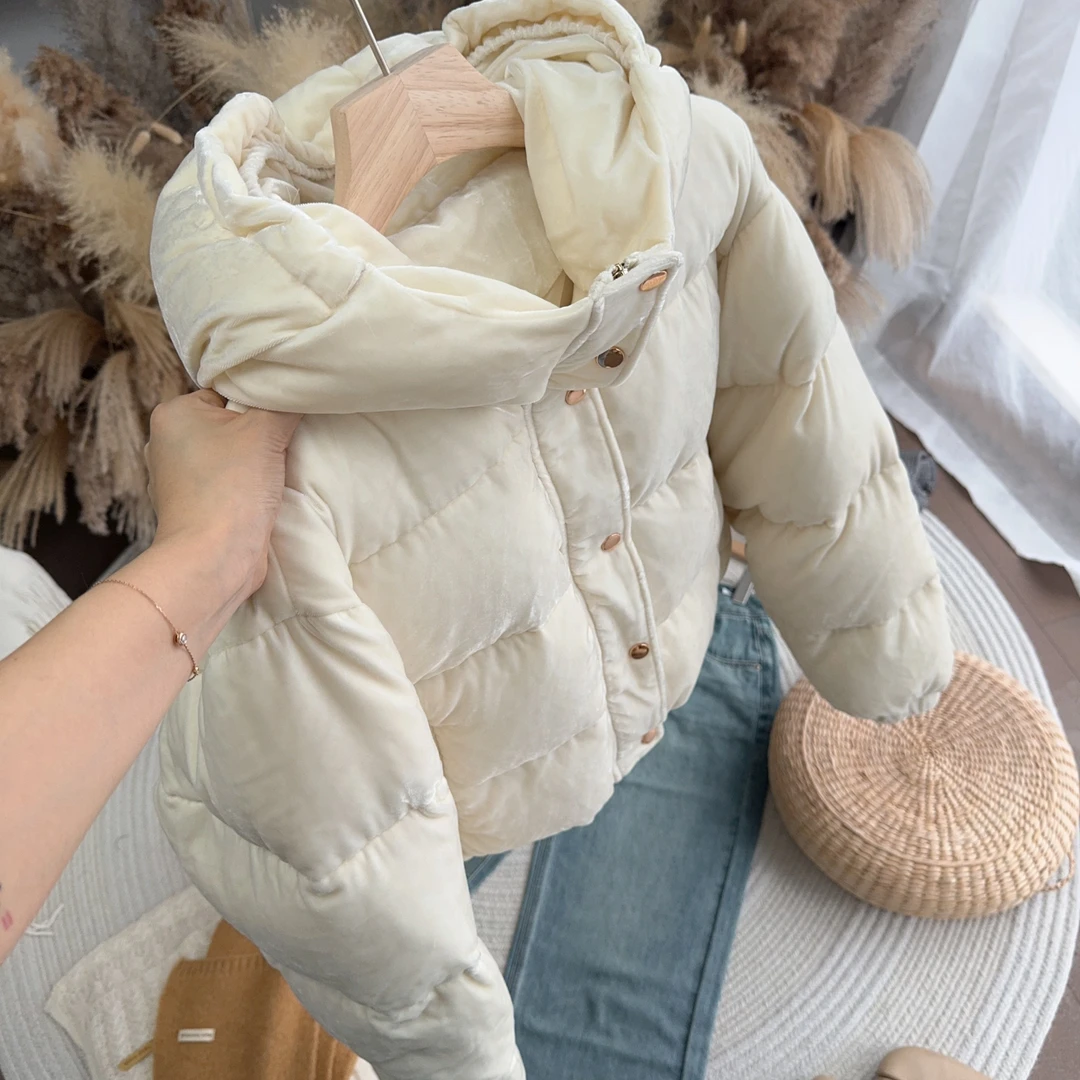 小奶糕 丝绒连帽宽松纯色羽绒服秋冬显瘦加厚保暖