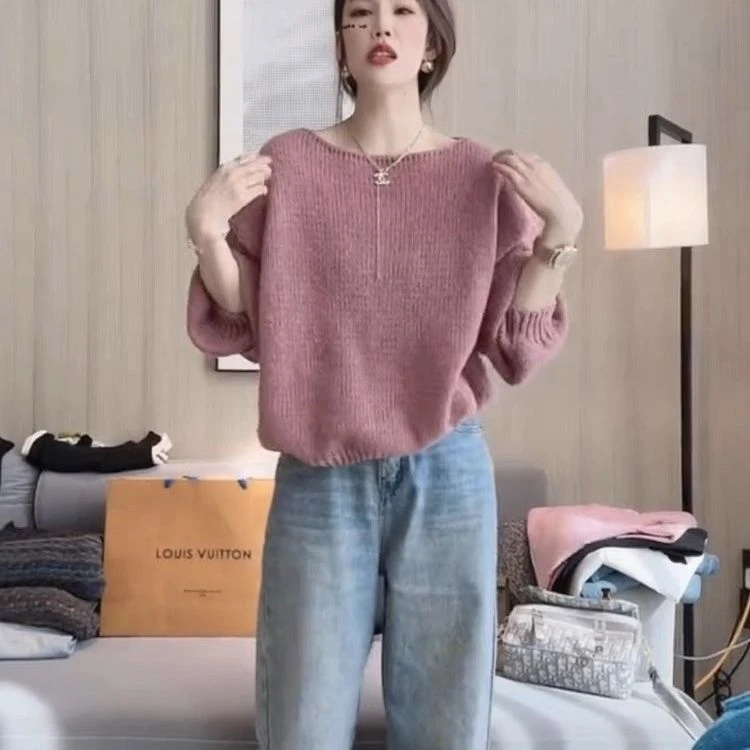 秋季慵懒风软糯灯笼针织衫毛衣早秋薄款纯色百搭温柔针织衫上衣女