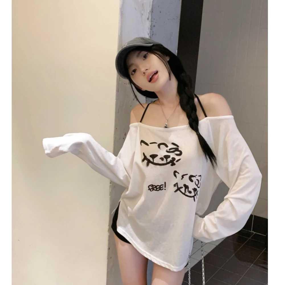 白色一字肩T恤女夏季设计感露肩宽松薄款长袖罩衫性感松弛感上衣