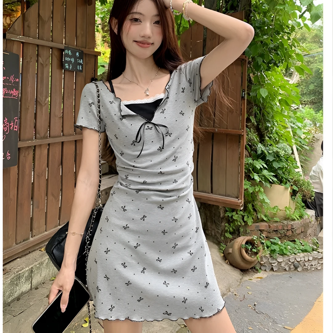 假两件蝴蝶结印花短袖辣妹连衣裙女夏季气质蕾丝收腰显瘦A字长裙