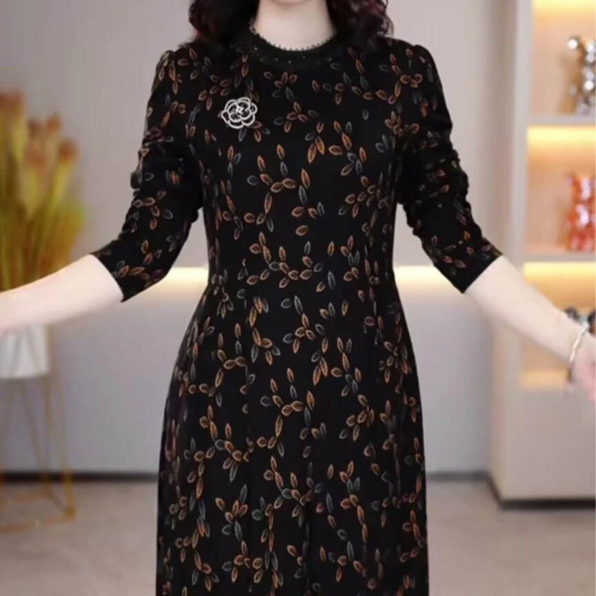 2023产地溯源新款时尚气质收腰显瘦遮肚子复古印花连衣裙M-5XL