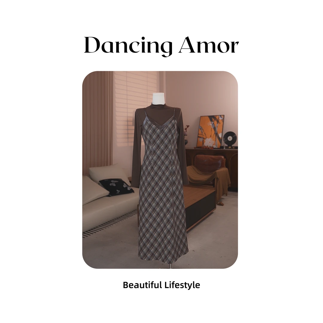 复古叠穿显瘦格纹吊带连衣裙长裙+半高领针织衫两件套