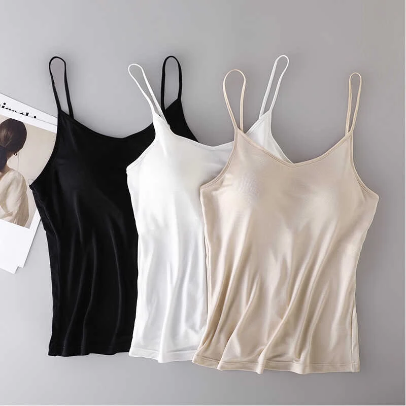 100%桑蚕丝免穿文胸一体式吊带 双面针织真丝舒适透气百搭打底衫