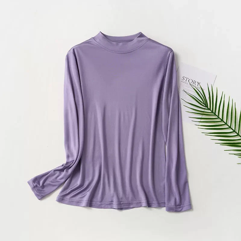 真丝半高领打底衫长袖女桑蚕丝宽松大码简约纯色上衣女保暖秋冬