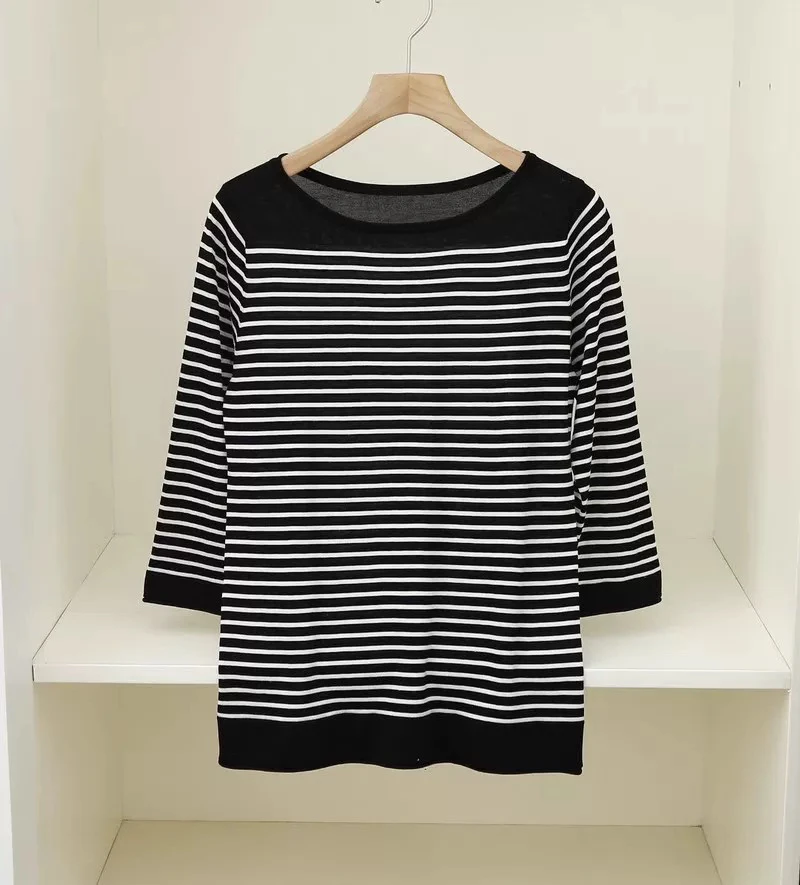 桑蚕丝细条纹圆领套头长袖上衣秋新款时尚真丝修身七分袖女式卫衣