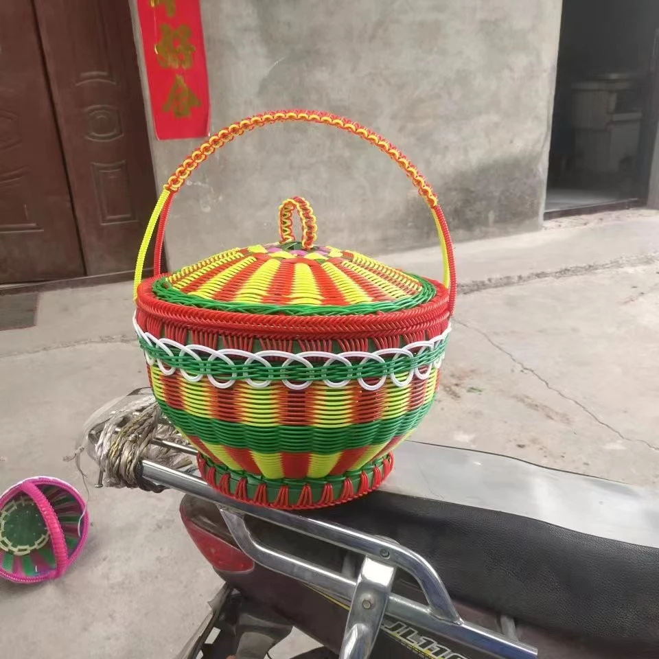 纯手工编织加盖子花篮编织篮子手提