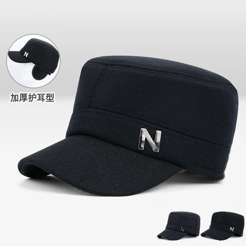 帽子男秋冬平顶帽保暖爷爷护耳棉帽户外休闲帽中老年人毛呢帽加厚