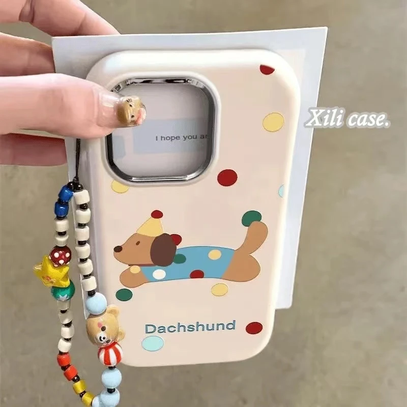 【入月】新款高档镜框小胖妹波点腊肠狗手机壳