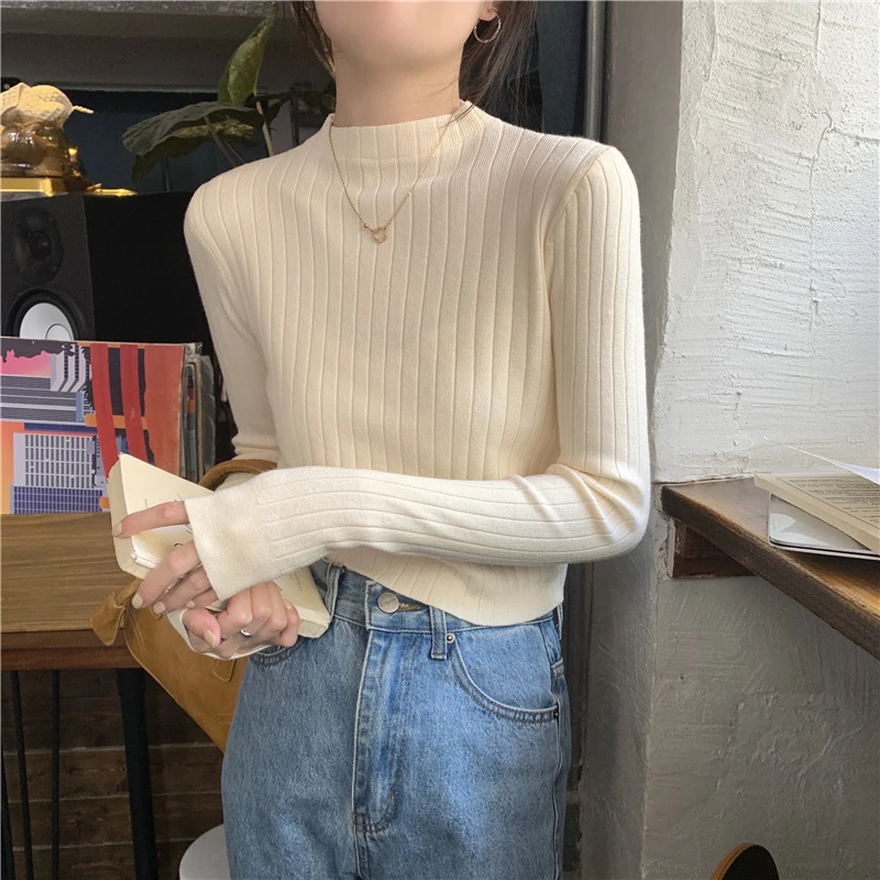 春秋冬洋气半高领修身内搭长袖打底针织衫毛衣女紧身短款小衫上衣