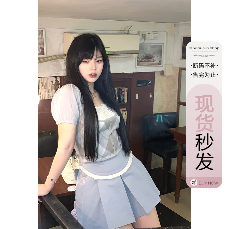 【卡布斯辣】绒面假两件方领学院风+碎花边设计感a字半裙套装