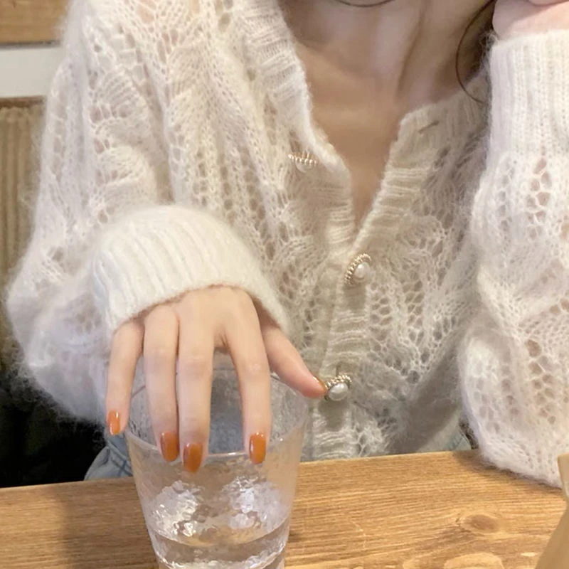 薄款镂空针织衫白色开衫2023年春季宽松小香风短款毛衣外套慵懒风