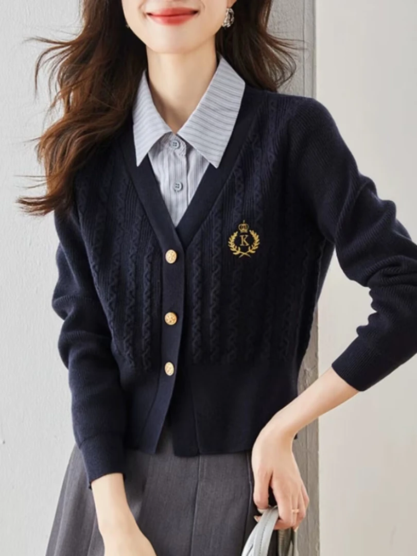 时尚新款假两件套百搭毛衣女长袖短款针织小外搭休闲修身显瘦开衫