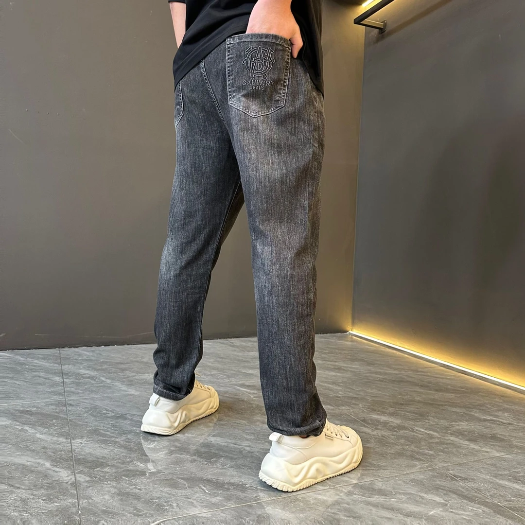 胖语大码男装 2024秋冬新款时尚高级灰简约百搭高弹牛仔裤0021#M