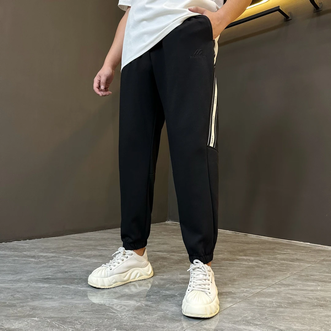 胖语大码男装 2024秋季新款简约百搭拼接织带黑色小脚卫裤9168#N