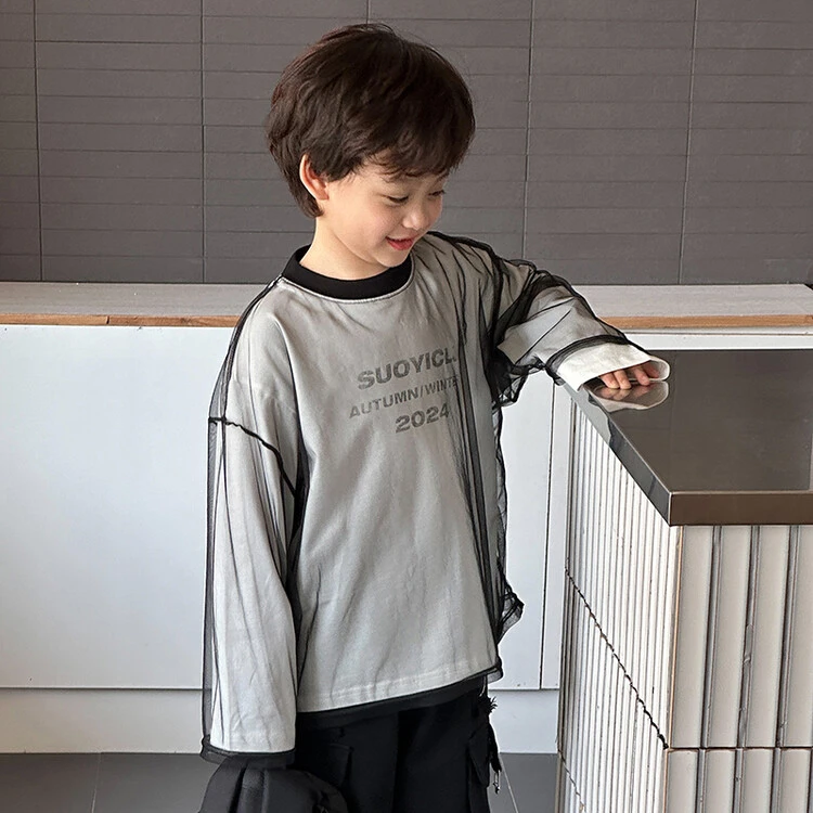 HY2466儿童洋气长袖2025春季新款男童韩版字母上衣中小童网纱卫衣