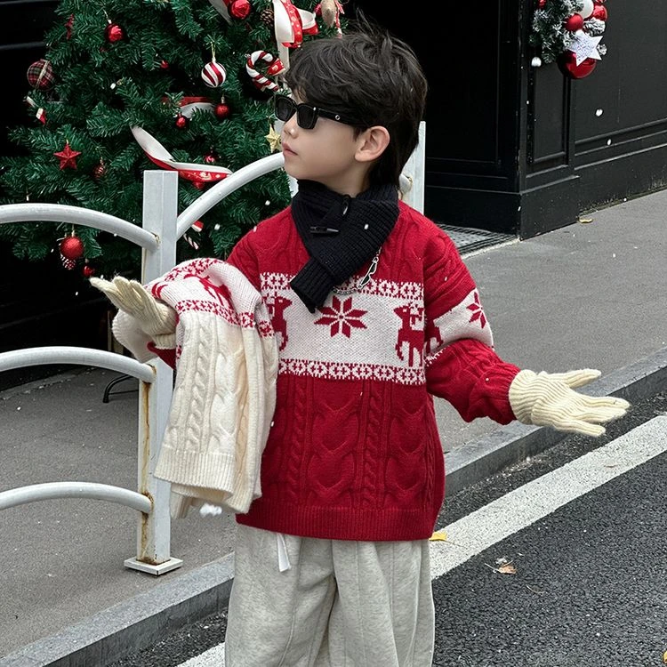 24035儿童洋气保暖线衫2024冬季新款男童红色卡通中小童秋冬毛衣