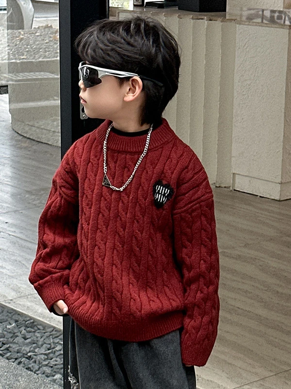 HY24037男童爱心麻花毛衣2024冬季新款儿童韩版加厚衣服中小童