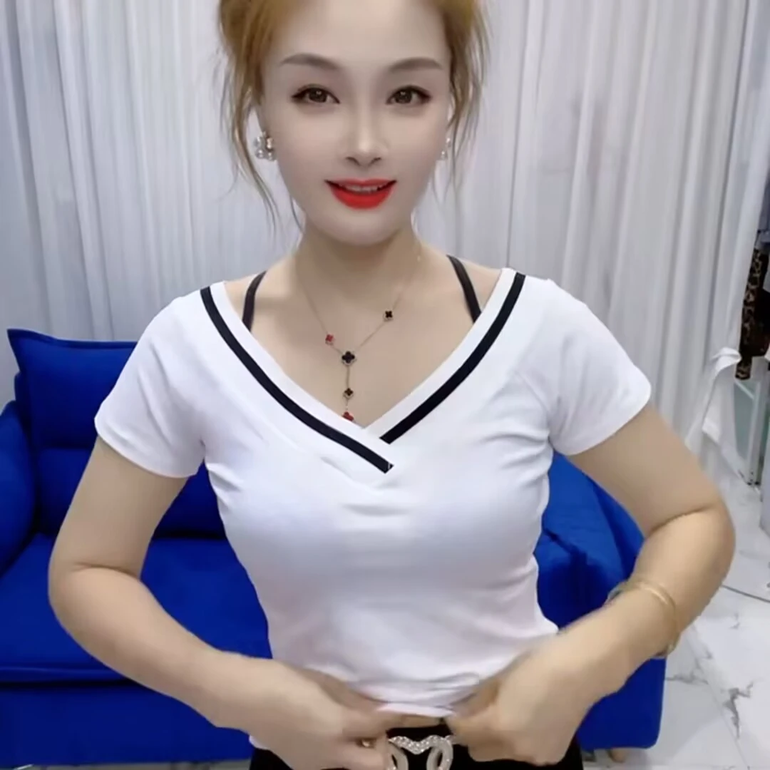 2025夏季短袖t恤女V领新款修身气质时尚打底衫女短袖显瘦网红上衣