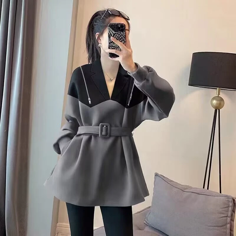 欧洲站春季2025新款灰色西装领收腰假两件卫衣裙女设计感显瘦上衣