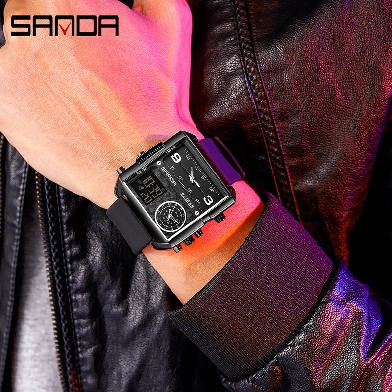 三达新款方形电子版电子双机芯电子手表大表盘三显多功能男士表