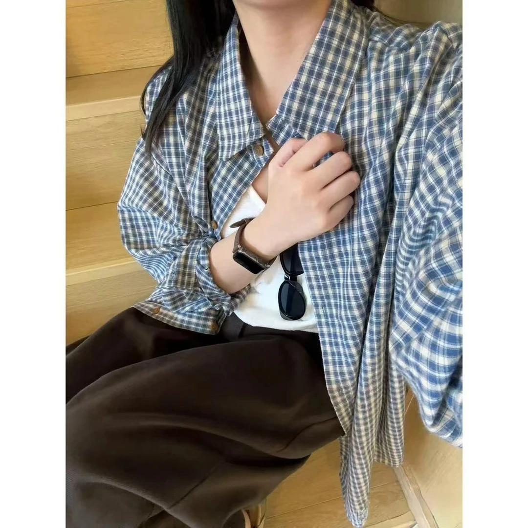【工厂现货】复古宽松慵懒风格子衬衫女新品韩版休闲简约长袖女款