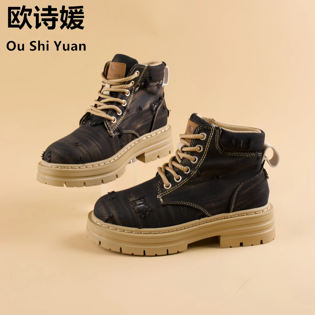Ou Shi Yuan/欧诗媛女秋季潮流中帮牛仔英伦风靴子马丁靴T22-黑