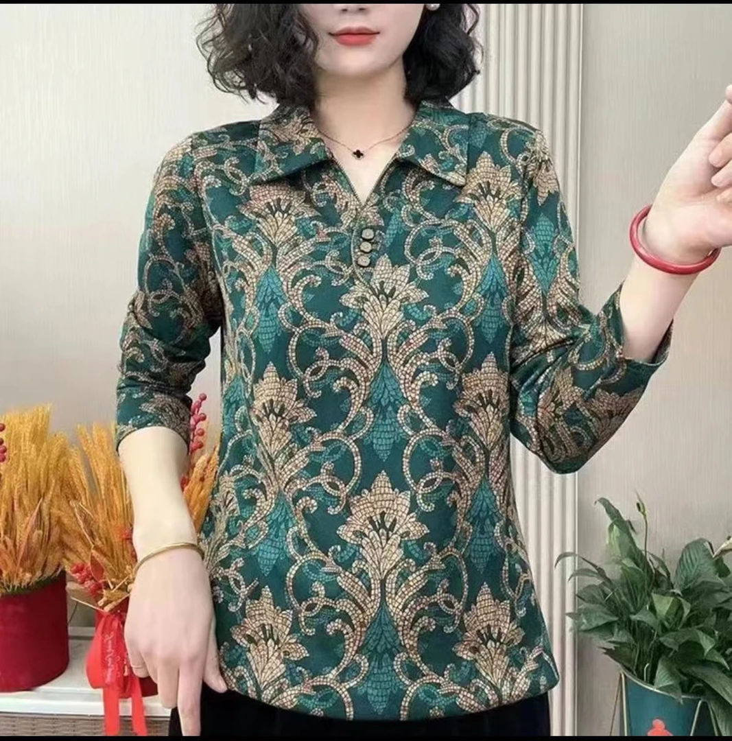 时尚妈妈装春秋新款宽松百搭气质衬衫领印花长袖女士打底衫#026