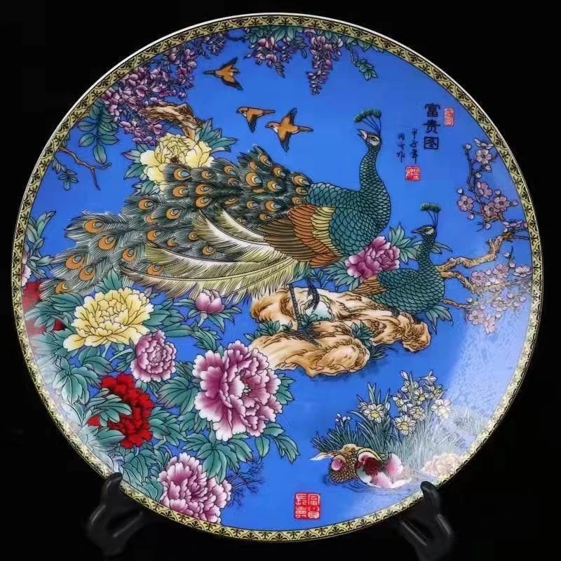 景德镇高档陶瓷  蓝孔雀 珐琅彩摆件 送人送礼 家用有面子
