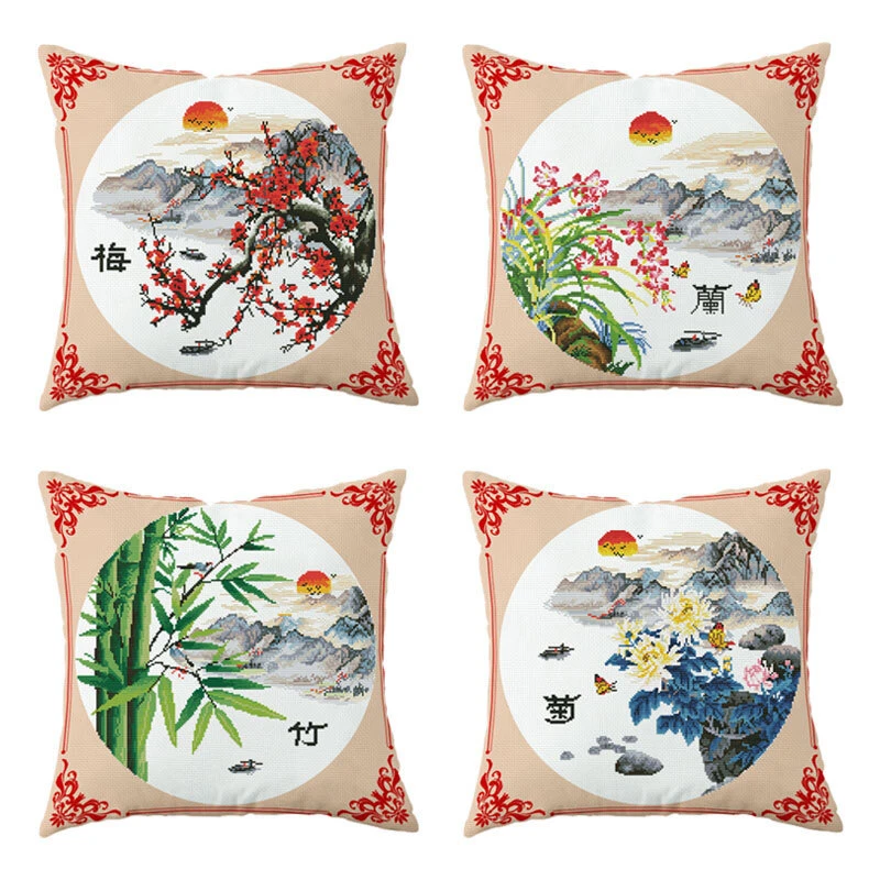 梅兰竹菊抱枕新款线绣自己绣中国风客厅卧室刺绣抱枕套手工自己绣