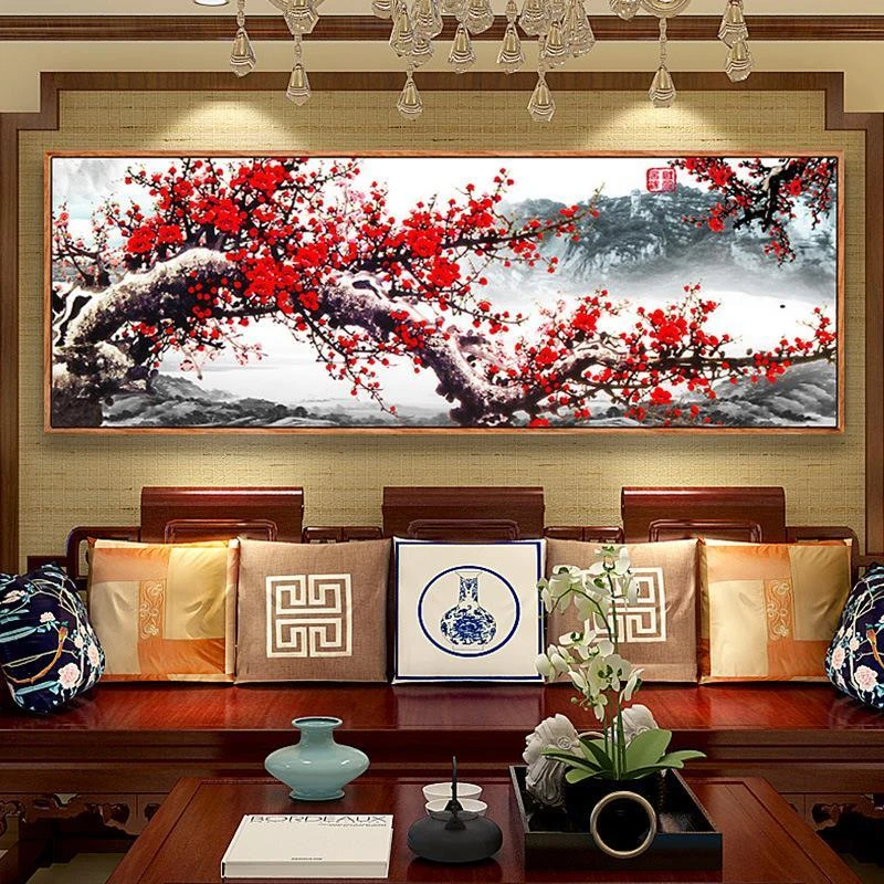 中式风景梅花十字绣报春图线绣新款满绣中国风客厅轻奢红梅花