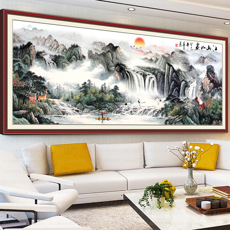 满绣【十字绣】流水生财新款线绣客厅江山如画山水风景聚宝盆国画