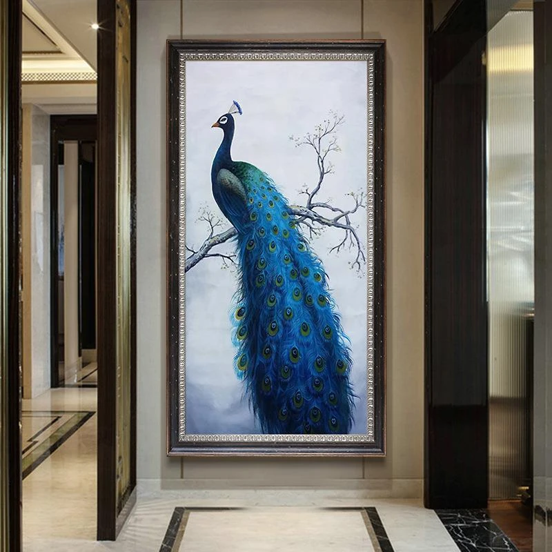 富贵孔雀图十字绣玄关竖版新款线绣现代欧式客厅满绣孔雀刺绣