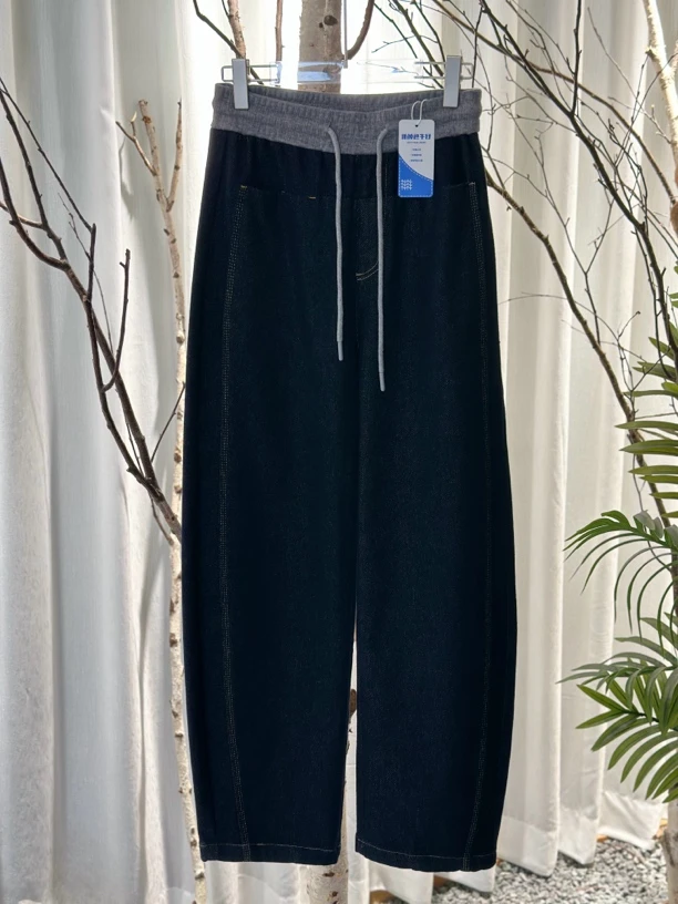 （南油娜姐）2024秋冬新款加绒松紧腰显瘦丹宁色香蕉裤24727