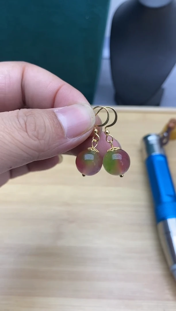 【闪购商品】西瓜碧玺耳饰银S925镀金镶嵌44