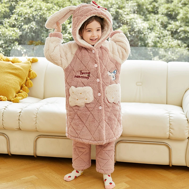【新款三层夹棉】儿童睡衣加厚款女童珊瑚绒冬款保暖加绒家居服套装